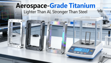A side-by-side comparison of three identically designed, precision-machined device frames: aluminum, stainless steel, and aerospace-grade titanium, with a scale showing the titanium part is the lightest