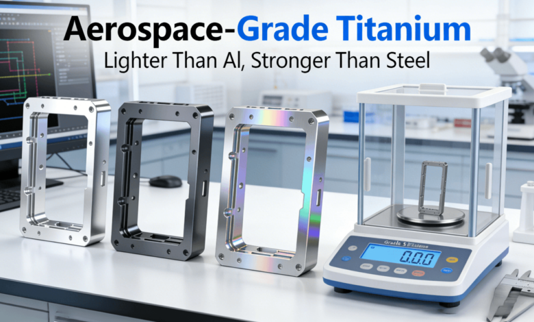 A side-by-side comparison of three identically designed, precision-machined device frames: aluminum, stainless steel, and aerospace-grade titanium, with a scale showing the titanium part is the lightest